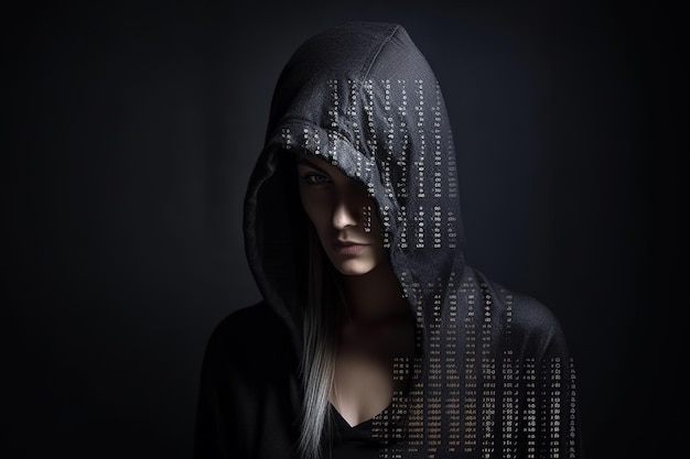 A woman with a hood that says'cyber'on it