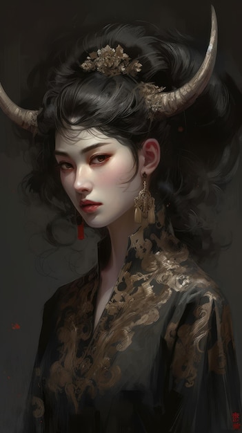 A woman with horns and a gold kimono