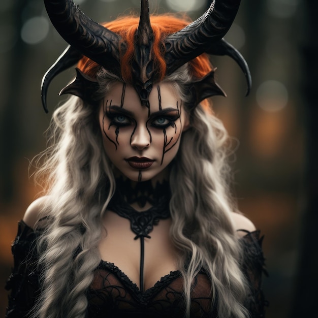 a woman with horns on her head