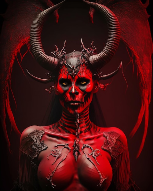 A woman with horns and a red background with the word hell on it