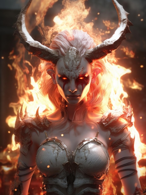 a woman with horns and red eyes