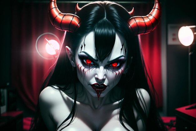 woman with horns in red jacket and devil horns