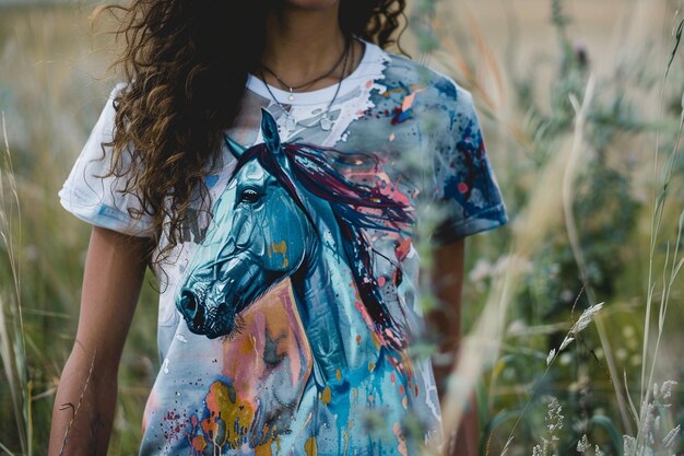 Photo a woman with a horse on her shirt is standing in a field