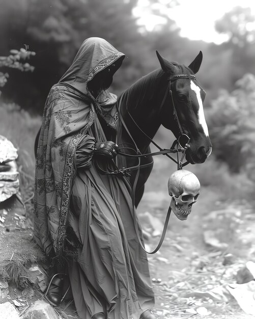 Photo a woman with a horse and a skull on her head