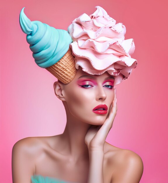 Photo woman with ice cream cone headpiece on a pink background