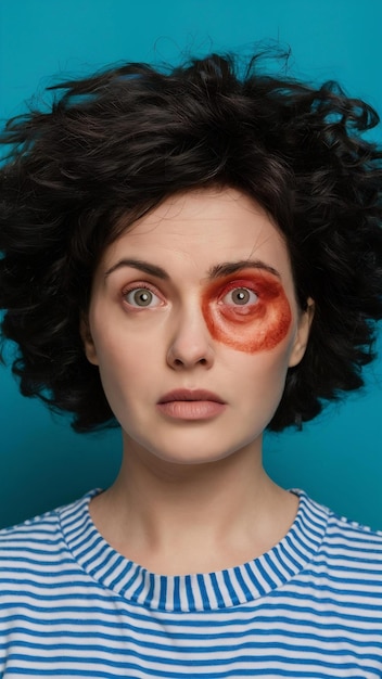 Photo woman with inflamed eye suffering from conjunctivitis closeup