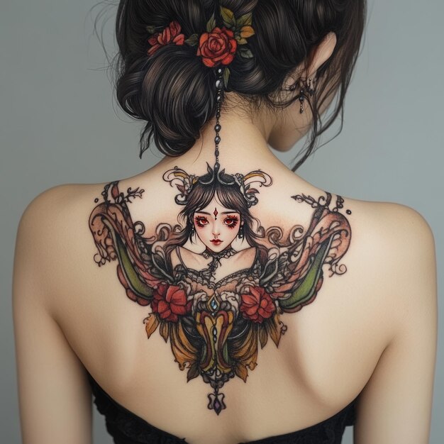 Photo woman with intricate back tattoo featuring a female figure with red flowers and ornate designs