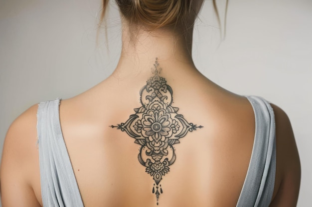 Woman With Intricate Back Tattoo Showcasing Artistic Design