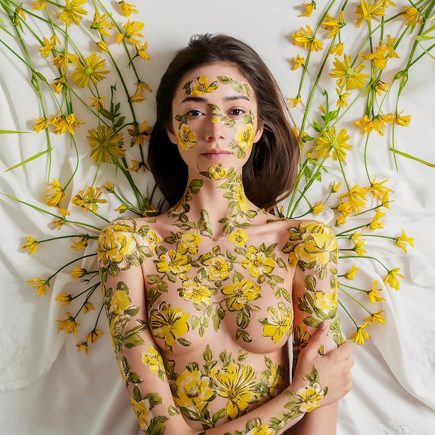 Photo a woman with intricate floral patterns adorning her body featuring vibrant yellow and green flowers