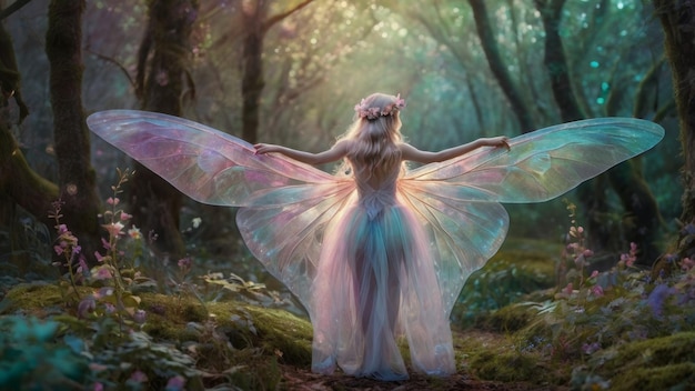 Photo a woman with iridescent wings stands in a mystical forest