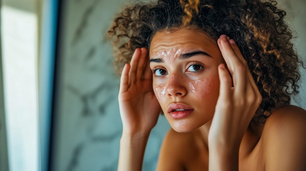 Photo woman with irritated skin applying moisturizer