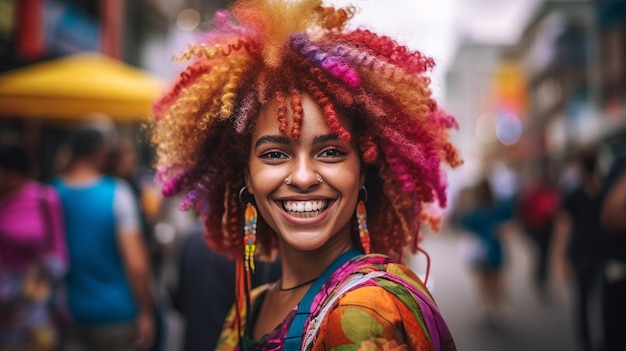 A woman with a joyful smile wearing a colorful outfit Generative AI image