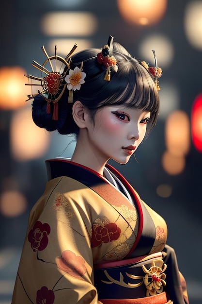 Woman with kimono on the street Generative AI