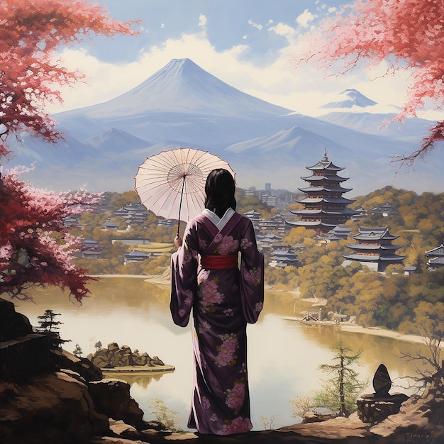 Woman with kimono and wagasa umbrella