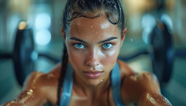 a woman with a knife in her hand and the water splashing around her face