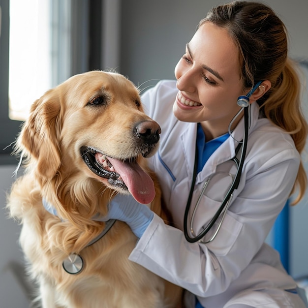 a woman with a lab coat on with a dog