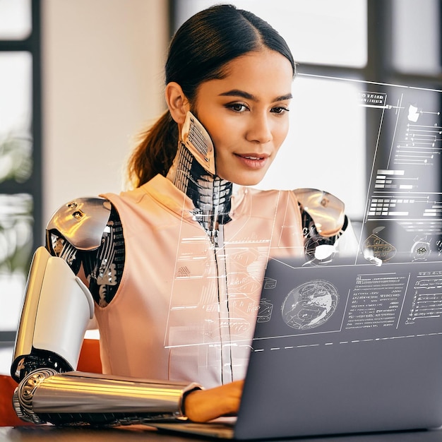 a woman with a laptop and a computer with the word robot on the back