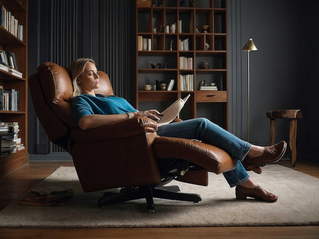 a woman with a laptop Leaning back in a recliner with_3