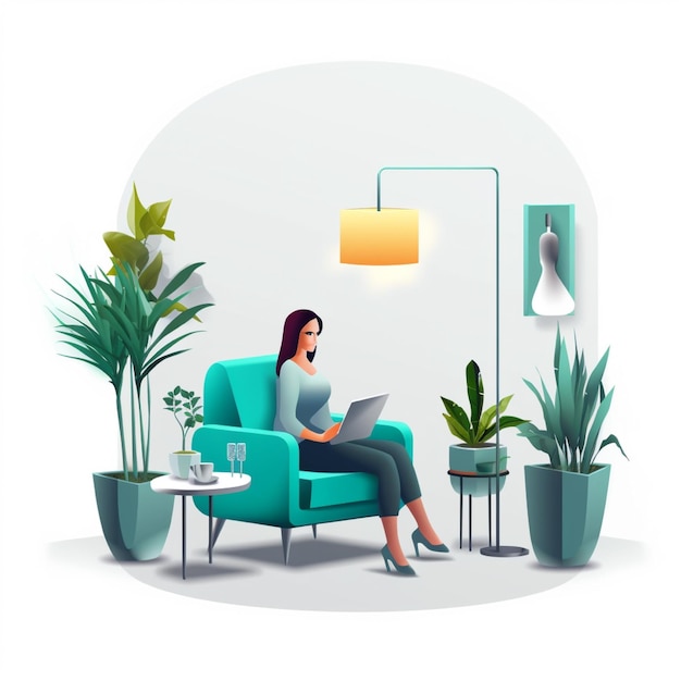 Woman with laptop sitting in armchair in living room interior Vector illustration