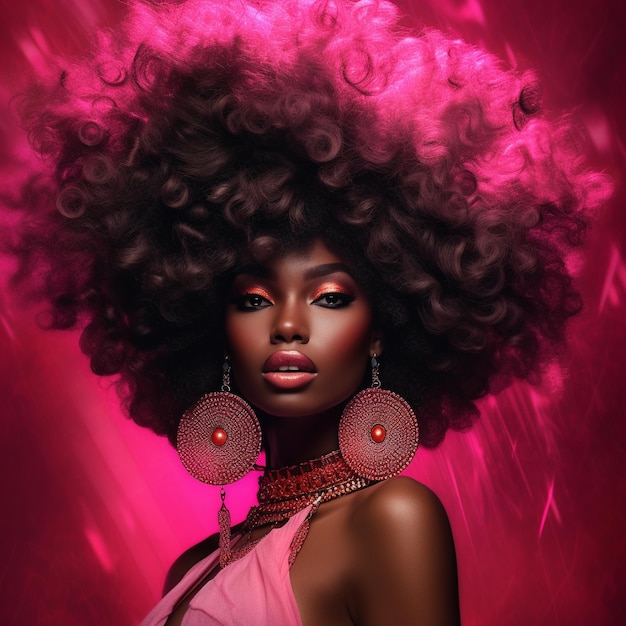 A woman with a large afro and a pink background with a pink background.