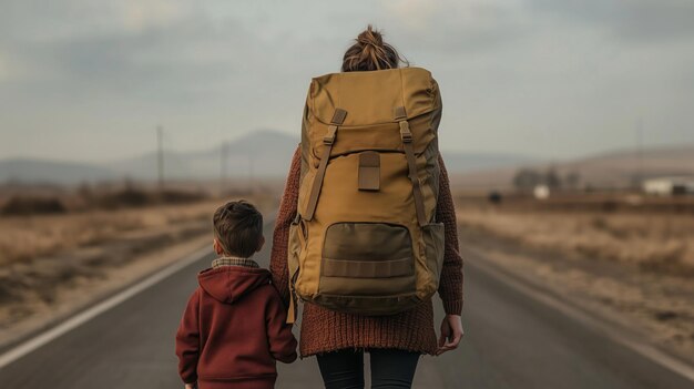 Photo a woman with a large backpack strolls alongside a child on a quiet open road