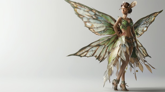 A woman with large butterfly wings in a fantasy setting