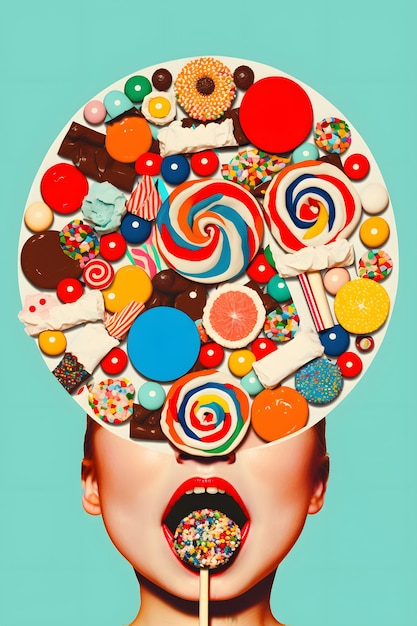 A woman with a large head full of candy and a large candy head.