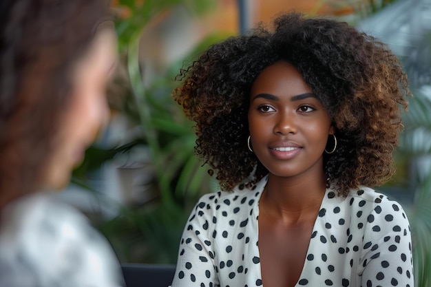 Woman with large hoop earrings sitting at table