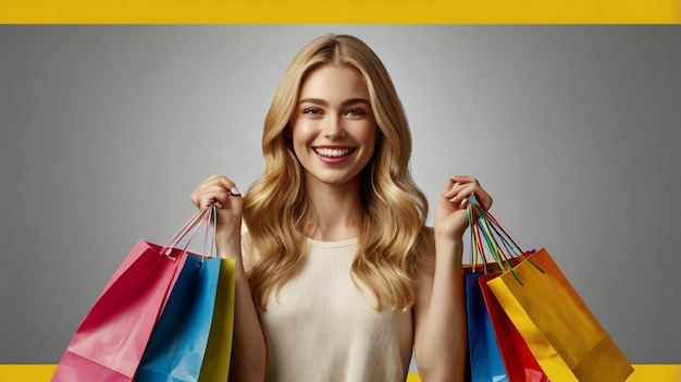 a woman with a large smile holding shopping bags