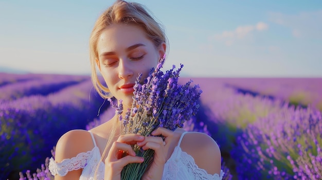 Photo the woman with lavender bouquet