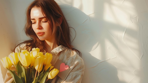 Woman with layered hair arranging yellow tulips for event looking happy