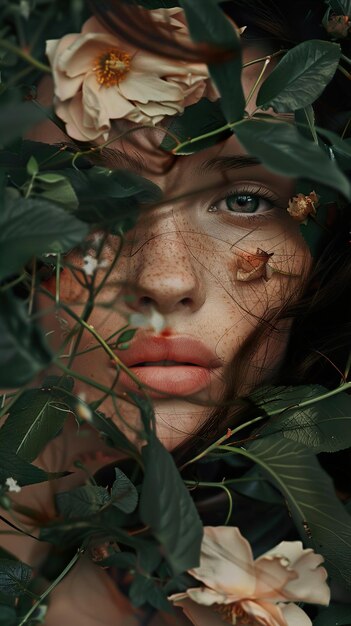 Photo a woman with a leaf on her face is surrounded by leaves