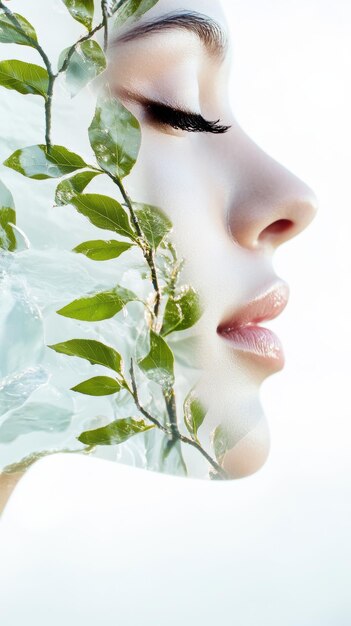 A woman with leaves and branches growing out of her face AI