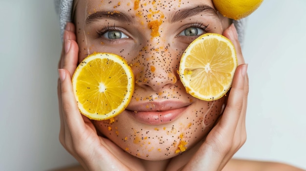 Photo woman with lemon slices on her face