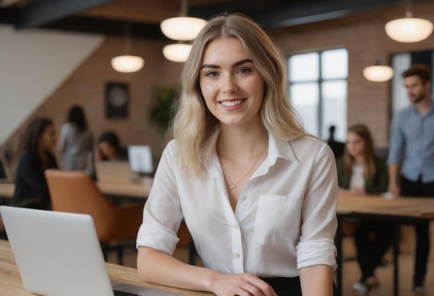 A woman with light hair smiles while seated at a desk her office colleagues are working in the