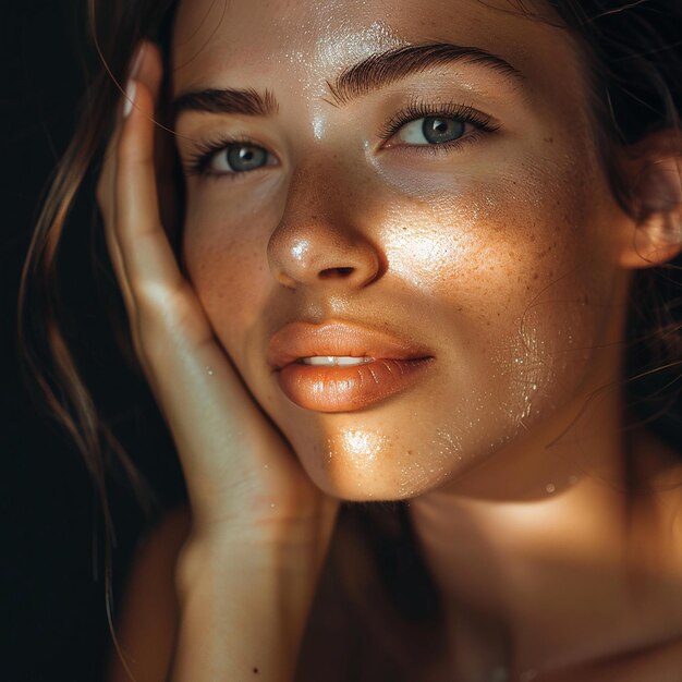 Photo a woman with a light on her face is reflected on her face