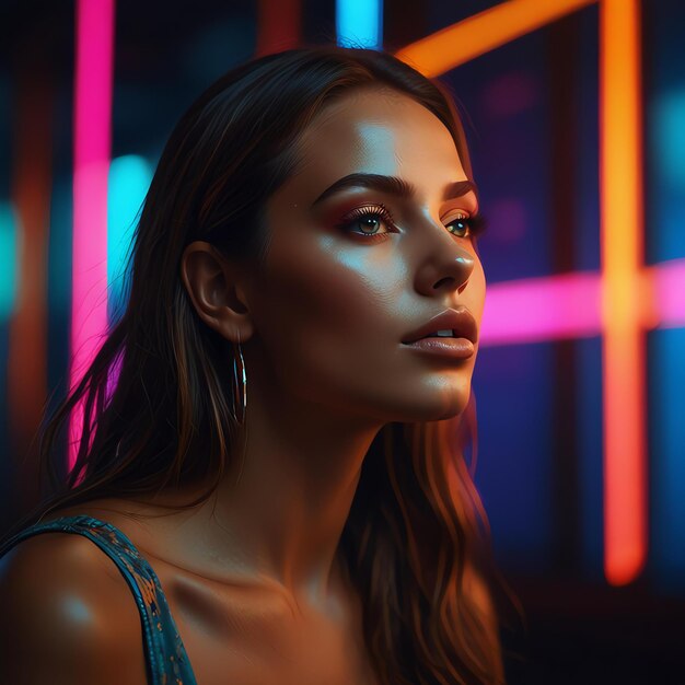 Photo a woman with a light on her face is shown in front of a colorful background