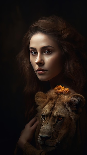 A woman with a lion on her head and a lioness in the background.