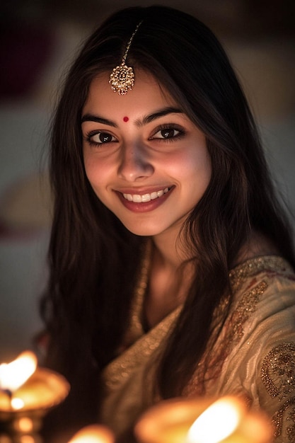 Photo a woman with a lit candle in her hair