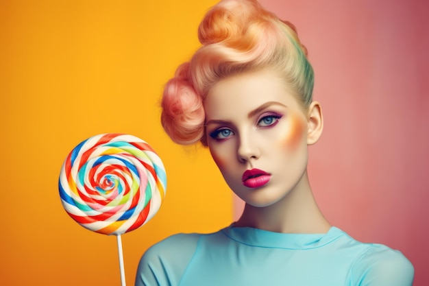 A woman with a lollipop on her head