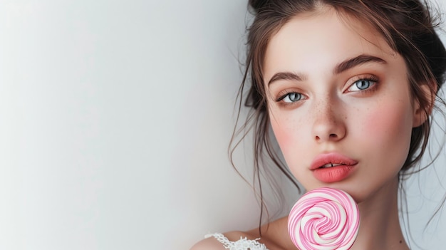 Photo a woman with a lollipop in her mouth