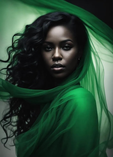 a woman with long black hair and a green scarf