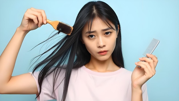 a woman with long black hair is combing her hair