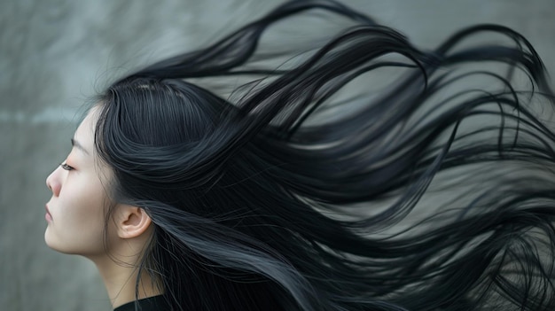 a woman with long black hair is flying in the wind