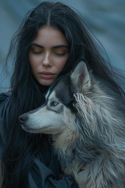 Photo a woman with long black hair is hugging a dog