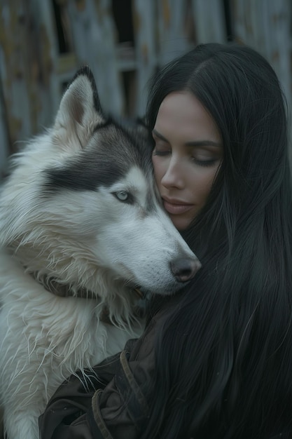 Photo a woman with long black hair is hugging a dog