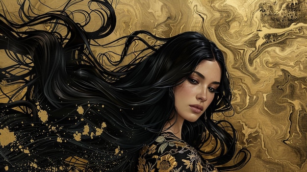 Photo a woman with long black hair is standing in front of a gold background