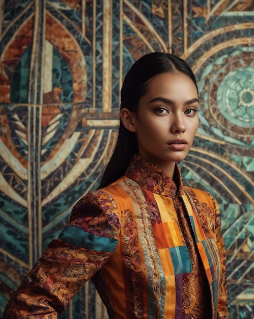 a woman with a long black hair is standing in front of a patterned wall