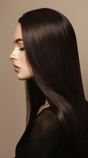 A woman with long black hair is standing in front of a white background