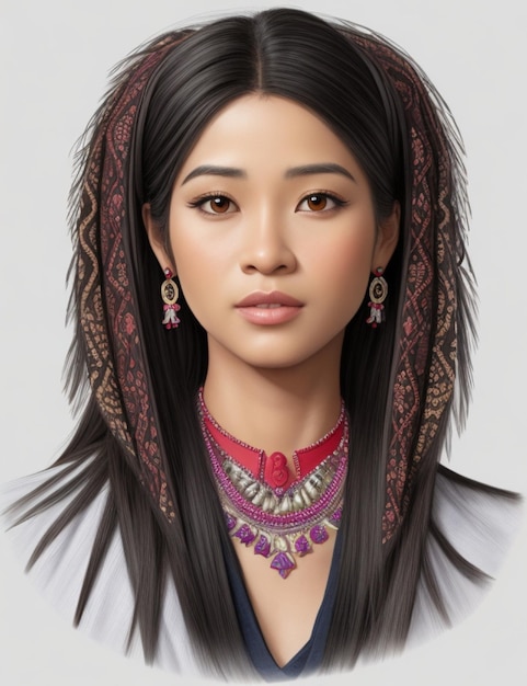 A woman with long black hair and a necklace